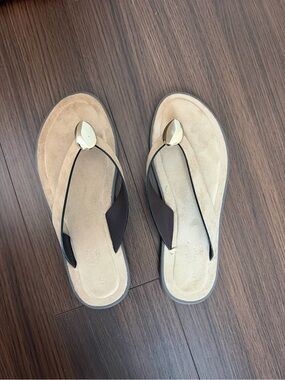 Beige Suede Flip Flop Sandals with Gold Accent